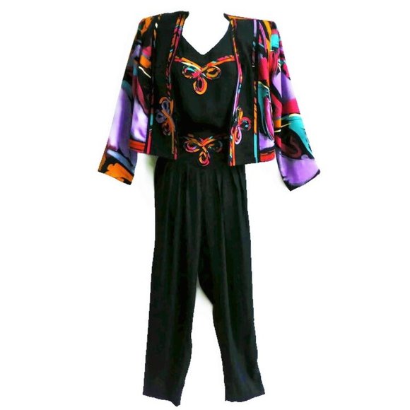 Vintage 3pc Black Abstract Pant Suit Blazer Blouse Trousers Basque Waist USA 10 - Picture 3 of 16